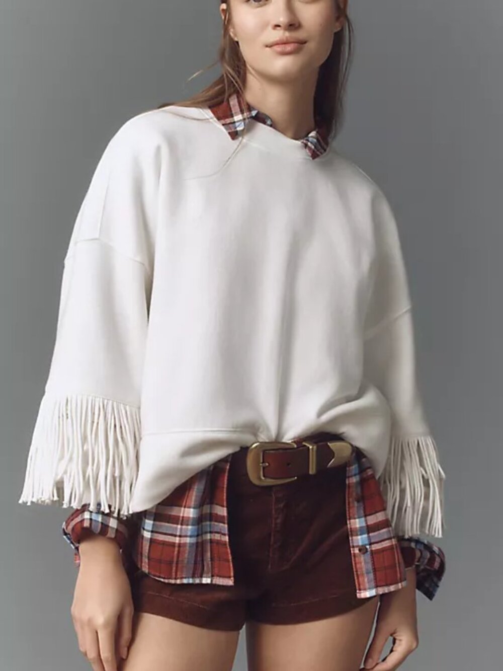 MAEVE Anthropologie Fringe-Sleeve Crew-Neck Sweatshirt NWOT